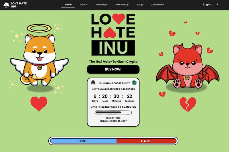 Новая мем-монета Love Hate Inu собрала 2 млн долларов на предпродаже — осталось 6 дней до повышения цены
