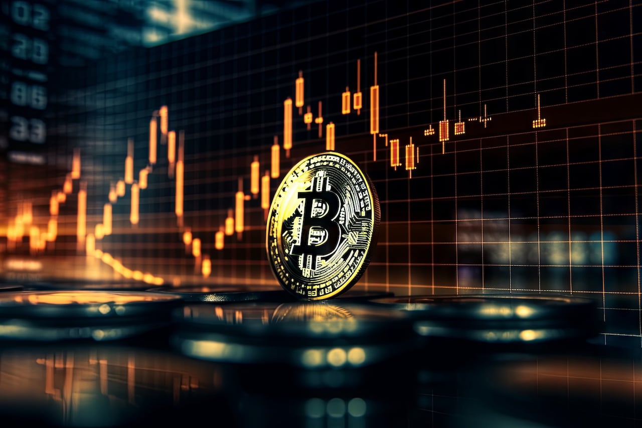 Cryptocurrency golden bitcoin coin and trading market. Bear Market Bull Market. Generative AI Technology